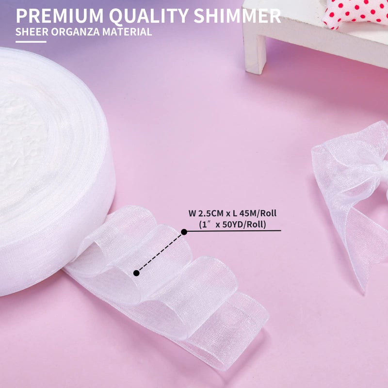 molshine 50 Yards x 1 Inch Shimmer Sheer Organza Ribbon,Chiffon Fabric Ribbons for Bouquets Garland,Bowknot,Wedding,Gift Wrapping,Hair,Crafts,Decoration (White) - Image 2